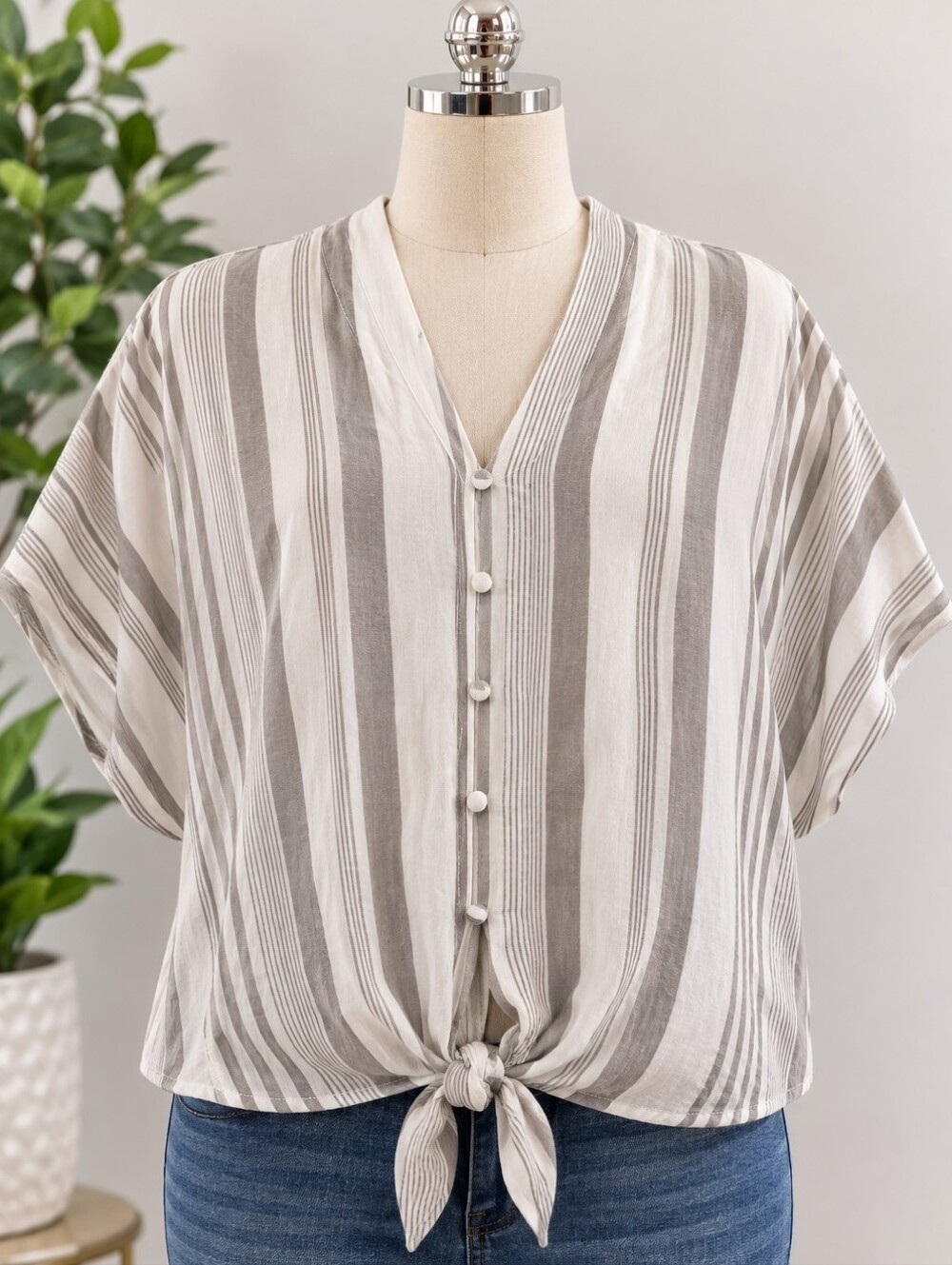 Striped Tie-Front Button-Down Top - Gray & White
